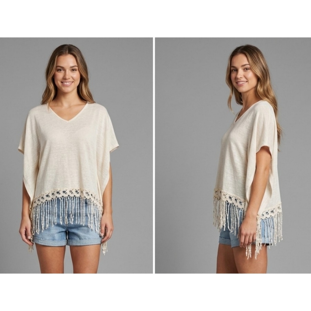 Jolt V-neck Crochet Fringe Boho Top Cream Size M